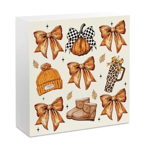 Fall Pumpkin Bow Decor - Wooden Box Halloween Autumn Home Accent - Variation of Bow 3