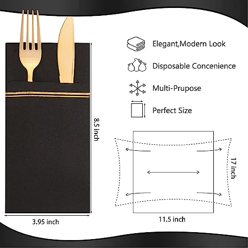 Black Disposable Napkins with Built-in Flatware Pocket - 100 Pack