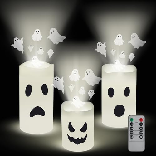 Halloween Ghost Projector Candles Set - Flameless LED Party Decor - 3 Pieces - Ghost Variation