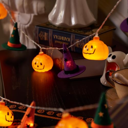 Halloween String Lights with Pumpkin & Witch Hat Decor - 9.8FT, 20 LEDs, Battery Operated, Two Modes - Pumpkin Witch Hat Lights