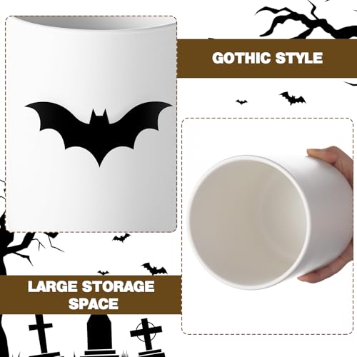 Halloween Bat Ceramic Utensil Holder - Gothic Kitchen Countertop Organizer with Customizable Sticker - Farmhouse Decor