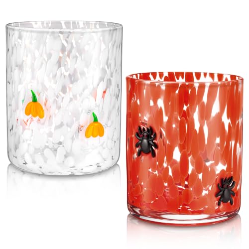 Halloween Icon Juice Glasses Set - 2 Pcs 16 oz Fall Drinking Cups - Orange Pumpkin & Black Spider