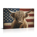 Highland Cow Wall Art American Flag Barn Decor Canvas Print - 18 x 12 Inches - Farmhouse Rustic Artwork for Living Room Bedroom Kitchen