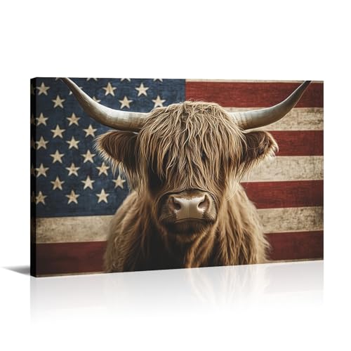 Highland Cow Wall Art American Flag Barn Decor Canvas Print - 18 x 12 Inches - Farmhouse Rustic Artwork for Living Room Bedroom Kitchen