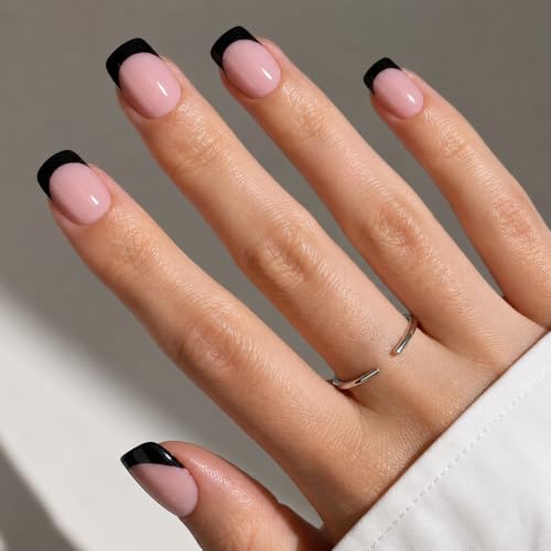 Black French Tip Press On Nails Kit - Short Square Fake Nails with Glue & Tools - Variation 7C Bare Eclipse
