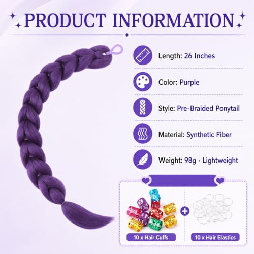 Purple Braiding Hair Extensions Ponytail - 26 Inch, Lightweight & Pre-Styled