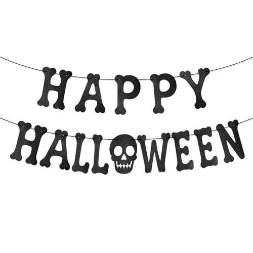 Halloween Skeleton Banner with Glitter Paper - Black Halloween Wall Decorations