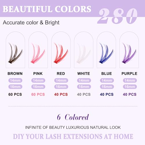 Rainbow Colored False Eyelash Kit - 280PCS DIY Volume Lashes with Glue & Remover - Variation of Colored Light