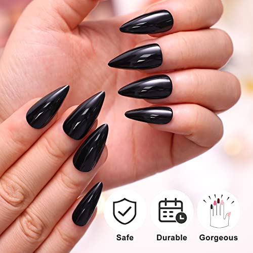 Morily 24Pcs Black Stiletto Press-On Nails Medium Length Almond False Nails for Women