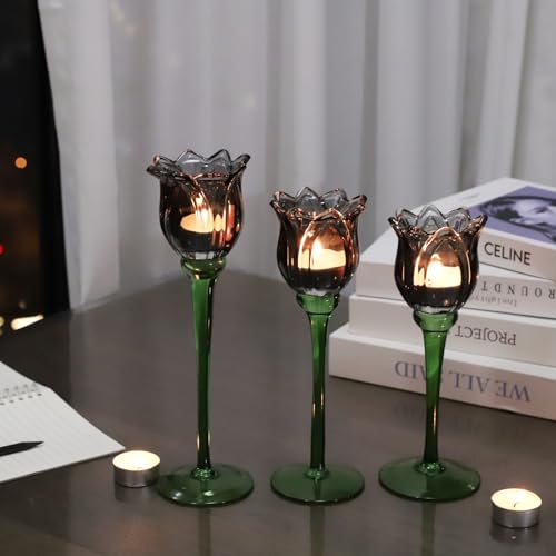 VOHO Black Flower Tealight Candle Holder Set of 3 - Halloween Theme, Votive & Tea Light Sizes, Black Tulip Design (Variation: Black / 3)