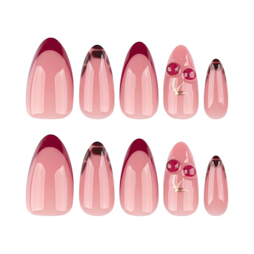 Mivota Medium Almond Press On Nails - French Cherry Variation, 3D Cherry & Gold Design, Red Tips & Leopard, 24PCS