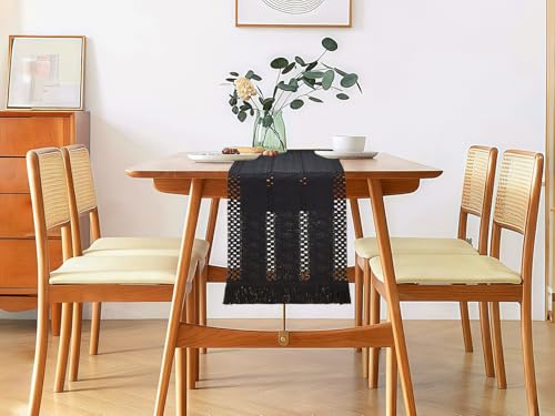 Black Table Runner 12x71 Inches with Tassels Boho Rustic Farmhouse Decor