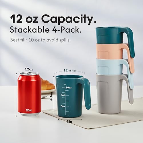 Reusable Plastic Coffee Cups Set of 4 - 12oz BPA-Free Unbreakable Mugs