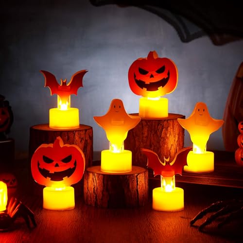 Halloween Flameless Candle Set with Pumpkin, Bat & Ghost Designs - Safe LED Tealights