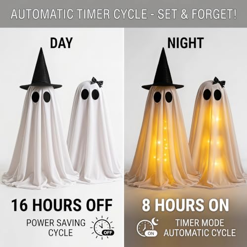 Lighted Ghost Halloween Decorations Set - 2PCS Warm White Spooky Decor for Table Mantel Shelf