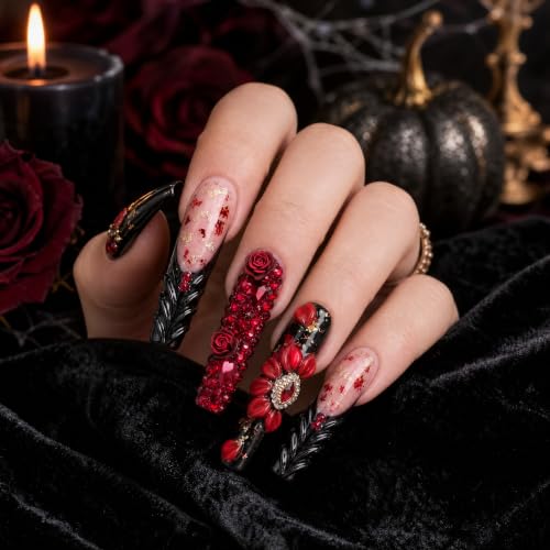 Halloween False Nails Long Square Acrylic Press-On Set with 3D Red Roses - Handmade, Reusable, Glamorous Design - Variation HM-LS-11