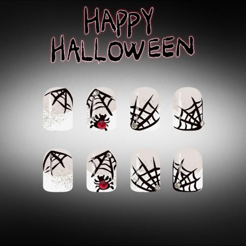 Halloween Short Square Press On Nails with Spider Web Design & Rhinestones - Variation: Color25