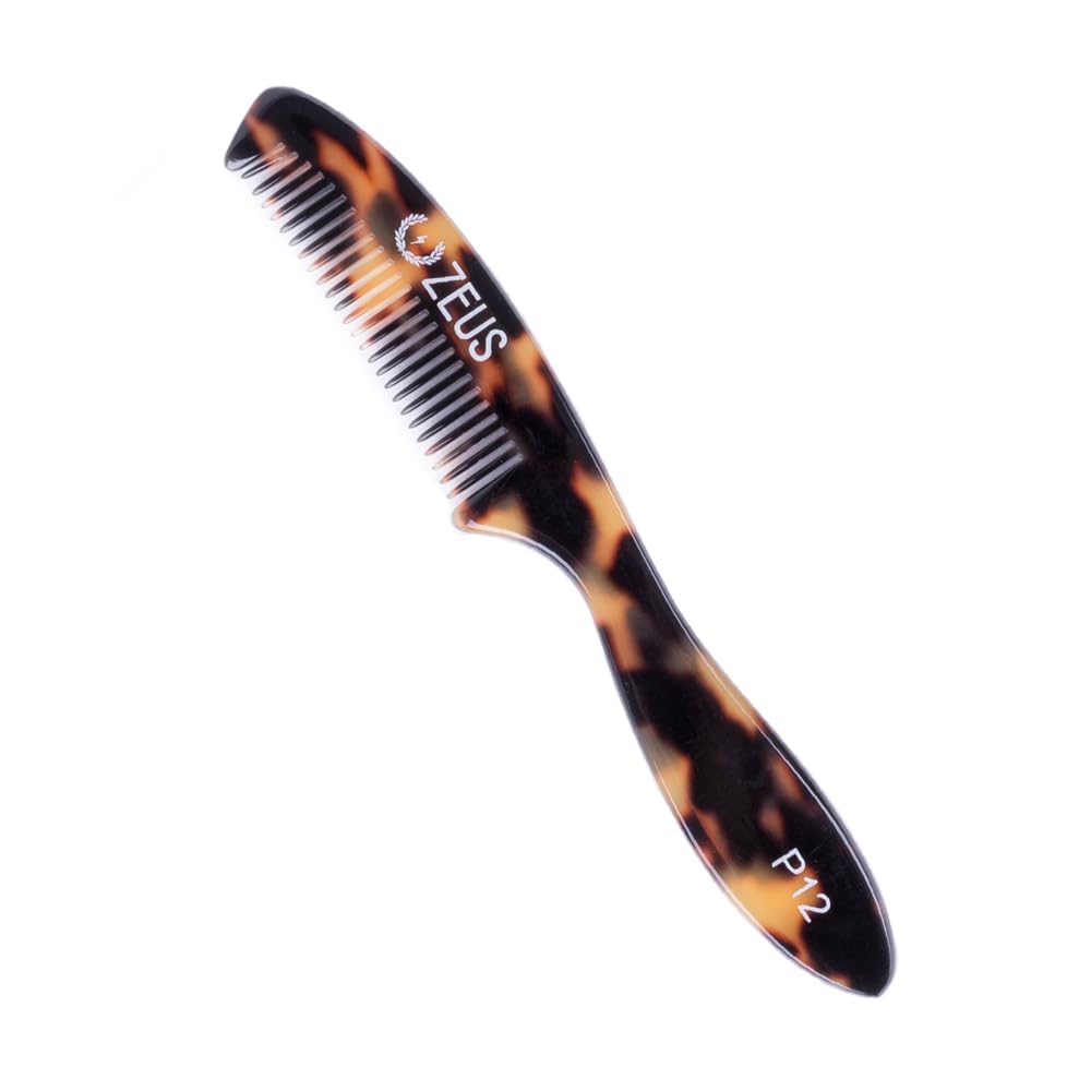 ZEUS Large 5” Mustache Comb for Men, Handmade Saw Cut, Long Handle Beard & Mustache Grooming Tool for Precise Styling (Tortoiseshell) P12