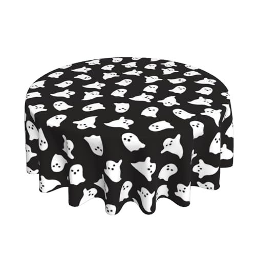 Halloween Round Tablecloth 60 Inch Black & White Ghost Design - Reusable Table Cover for Home & Parties - Cute Ghost Variation