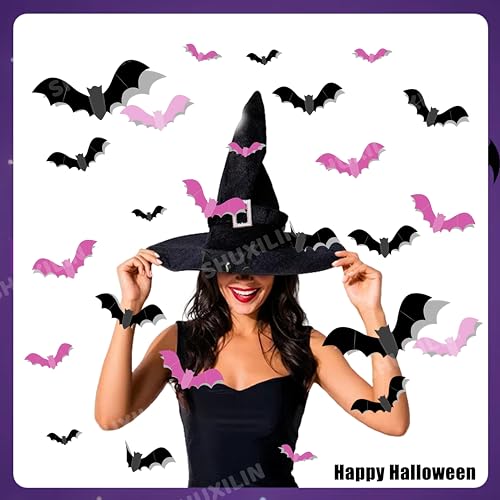 Halloween 3D Bat Wall Decals Set - Removable Pink & Black Bat Stickers for Indoor & Outdoor Decor - Variation: Bat