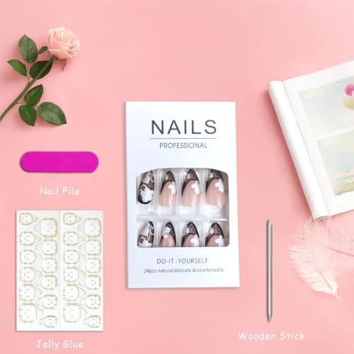 Black Lace French Tip Press-On Nails with White Flower Design - Lace Variation