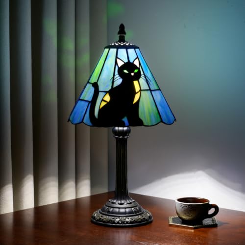 8-Inch Black Cat Tiffany Glass Table Lamp - Handcrafted Stained Glass Bedside Decor