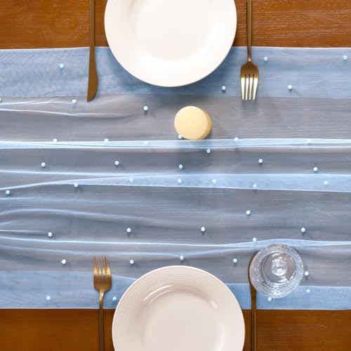 Light Blue Pearl Light Blue Table Runner 10FT Fall Tulle Gauze Boho Cheesecloth - Variation of This Listing