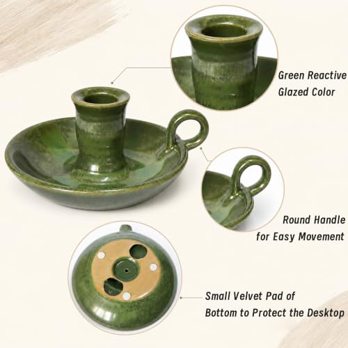 Green Reactive Glazed Ceramic Candle Holder with Handle - Taper & Spell Candles Stand