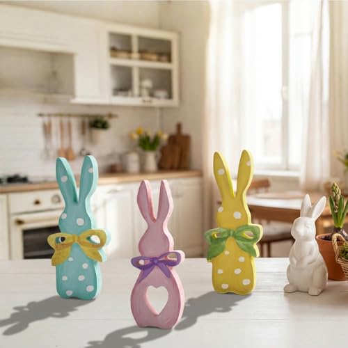 Wooden Easter Bunny Decor Set - Pastel Polka Dot Spring Holiday Ornament