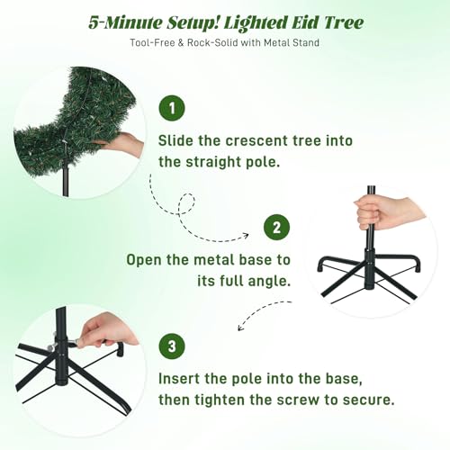 3 FT Eid Ramadan Moon Tree with LED Star String - Green Islamic Garden & Indoor Decor