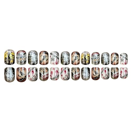 Halloween Short Press-On Nails Square Y2K Gothic Theme Fake Nails with Bat Pumpkins Spider Web Ghost Bat Pattern Style-13 - 24PCS