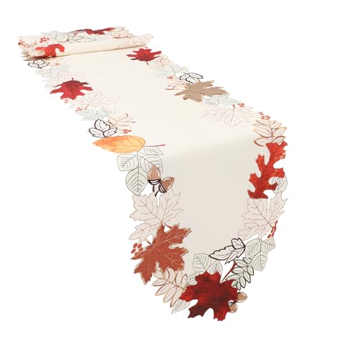 Fall Halloween Linen Textured Table Runner 70 Inch with Embroidered Maple Leaves