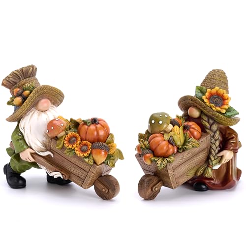 Autumn Gnome Decorations Set - 2 Pcs Fall Resin Figurines for Indoor Outdoor Display - Medium