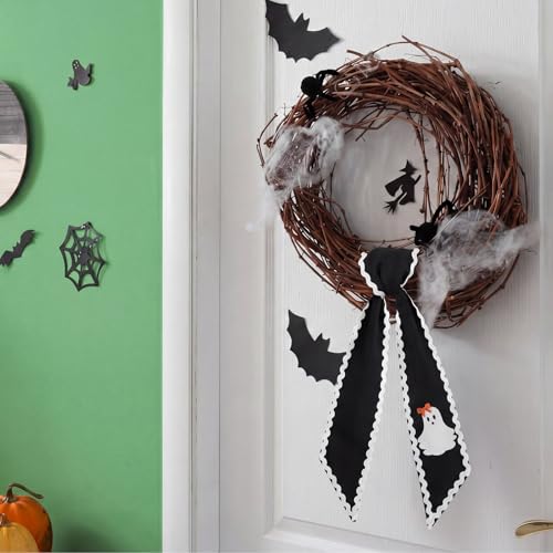 Halloween Ghost Wreath Sash Set - Black Scalloped Front Door Decor, 6 Pieces, Ghost Pattern