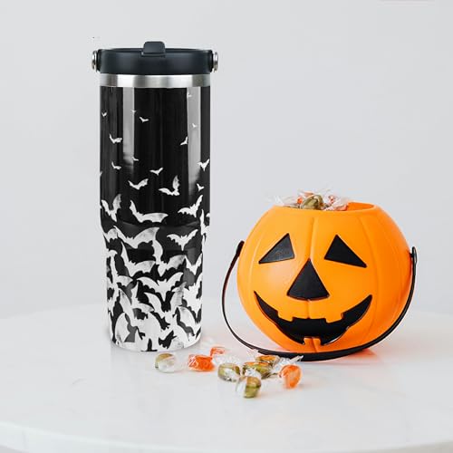 Halloween Bat Insulated Travel Mug with Handle and Straw - Black