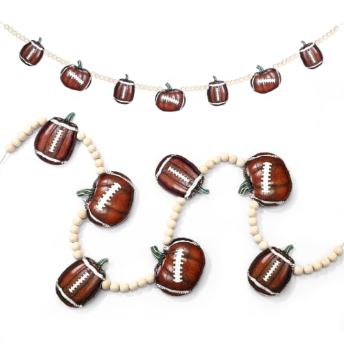 Football Pumpkin Felt Garland with Wood Beads - Fall Harvest Decor 4 ft