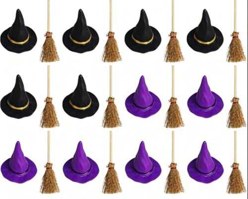 Mini Witch Hat and Broom Set - 24 Pieces for Halloween Crafts & Decorations
