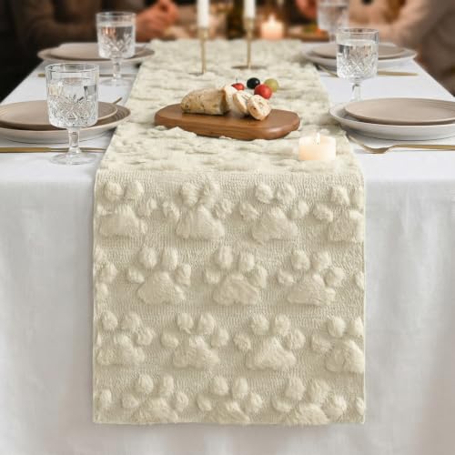 Beige Plush Faux Fur Pet Table Runner 13x72 Inch Home Decor