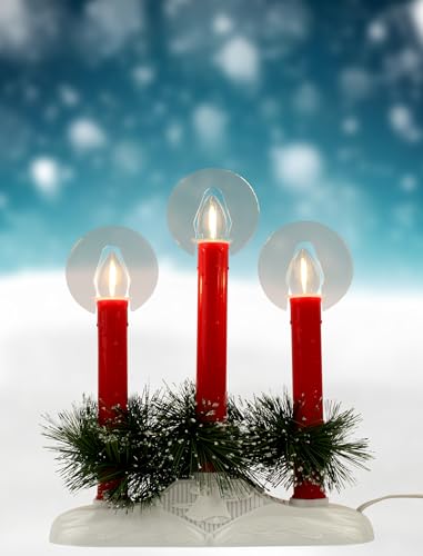 Red Plug-in Electric Window Candles 3-Light Flameless Christmas Candolier - Safe LED Lights