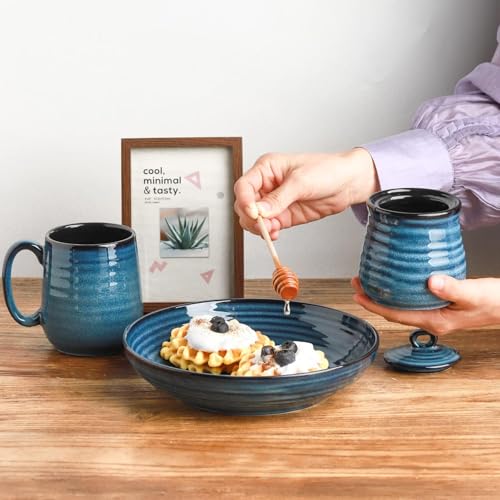 Blue Ceramic Honey Jar with Wooden Dipper Set - 12oz Kitchen Decor