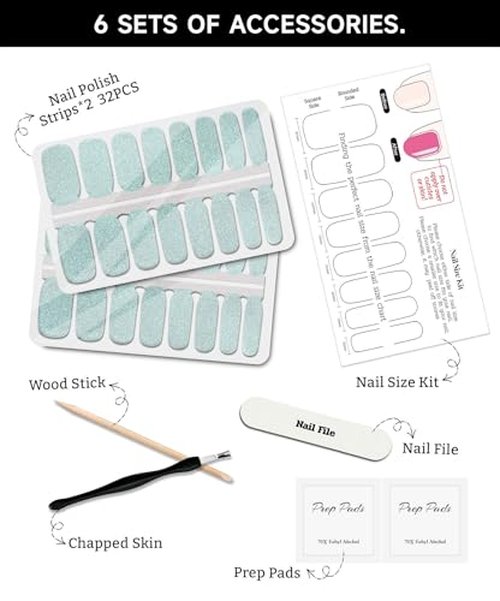 ruyeefam Glitter Nail Polish Strips, 32 Pcs Salon Quality Gel Nail Stickers, Long Lasting Wraps Easy to Use & Remove (Glitter Aquamarine)