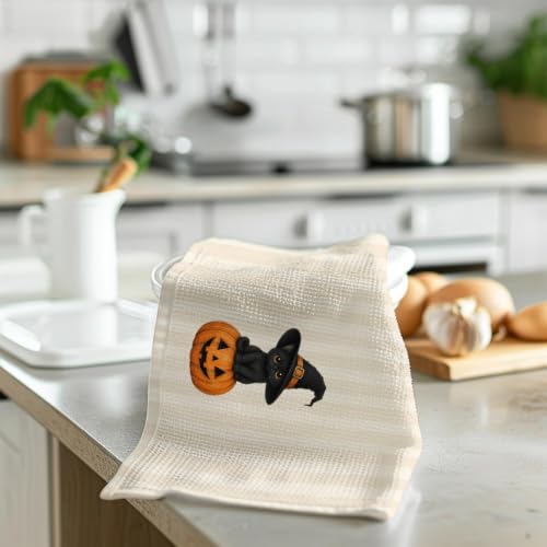 Halloween Witchy Black Cat Pumpkin Kitchen Hand Towels 16x24 Inch - Variation of Black Cat