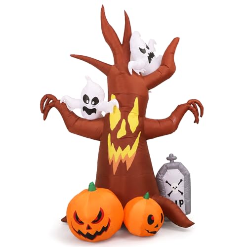 8ft Halloween Inflatable Ghost Tree Decoration with Pumpkins and Tombstone - Waterproof & LED Lighted Yard Decor