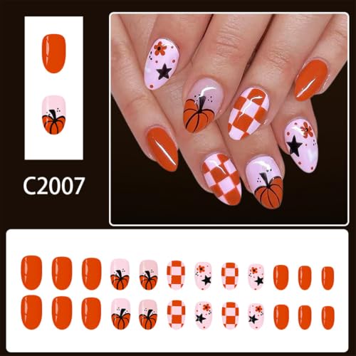 Fall Press on Nails - Short Almond Fake Nails, Orange - Style 10