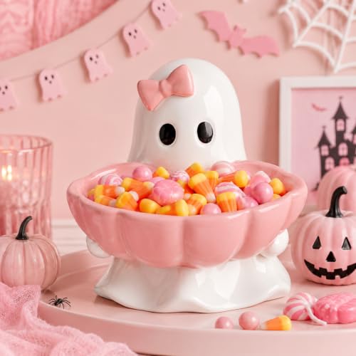 Pink Ghost Halloween Candy Bowl with Bow Ceramic Dish - Reallnaive