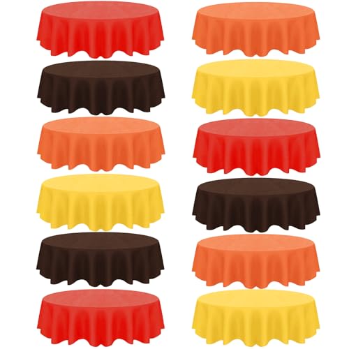 Fall Plastic Tablecloth Set - 12 Pack Autumn Colors Waterproof Round Table Cover for Thanksgiving & Parties - Yellow Orange Red