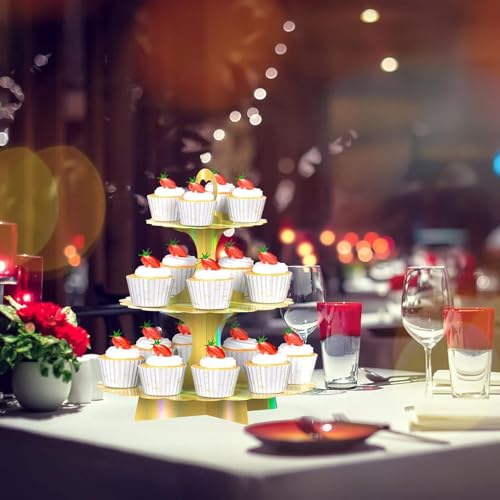 Rainbow Gold 3-Tier Cupcake Stand - Reusable Cardboard Dessert Tower for Parties & Weddings