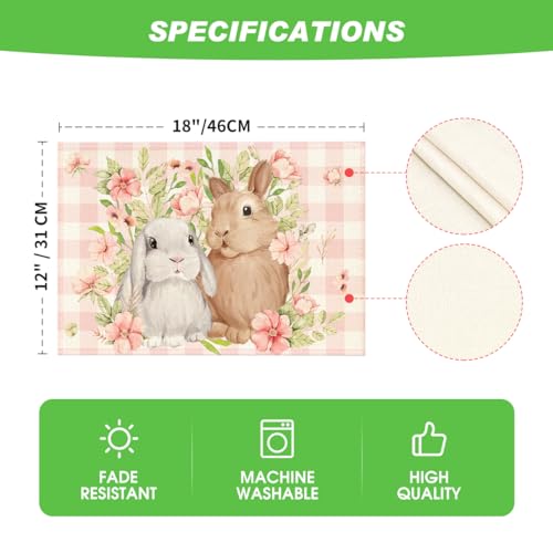 Pink Bunny Rabbit Flowers Easter Placemats Set of 4 - 12x18 Inch Spring Table Decor