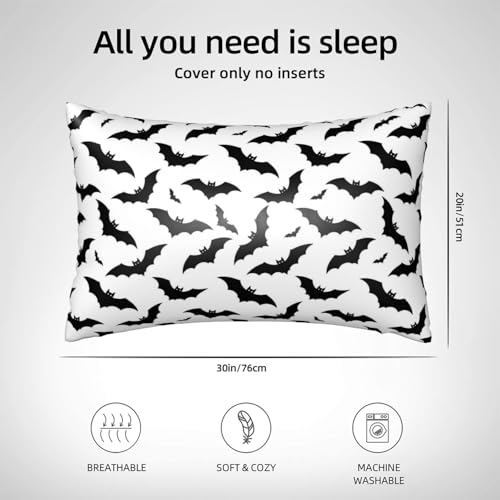 Queen Satin Pillowcase with Hidden Zipper - White Bat Design, Cooling & Breathable, 20x30 Inch