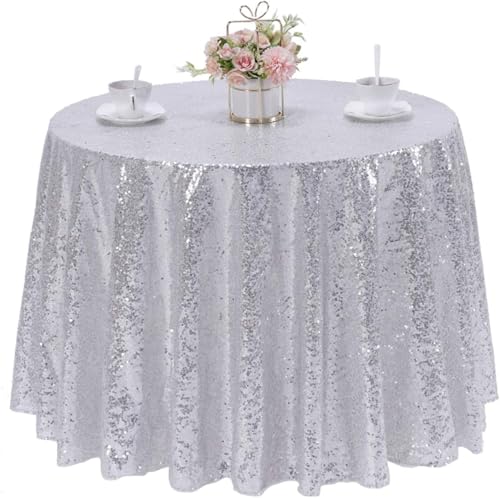 Silver Round Sequin Tablecloth 120 Inch for Party & Event - HMQIANG